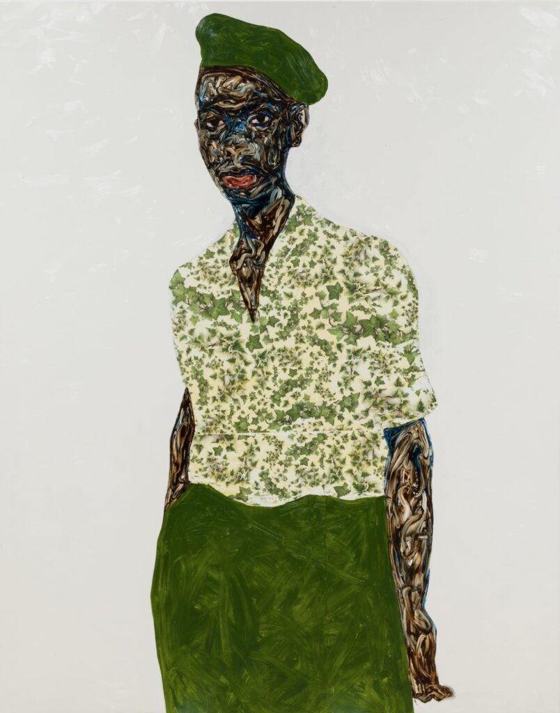 Amoako Boafo’s Green Beret (2020). Oil on canvas. 85 × 63 in (216 × 160 cm).