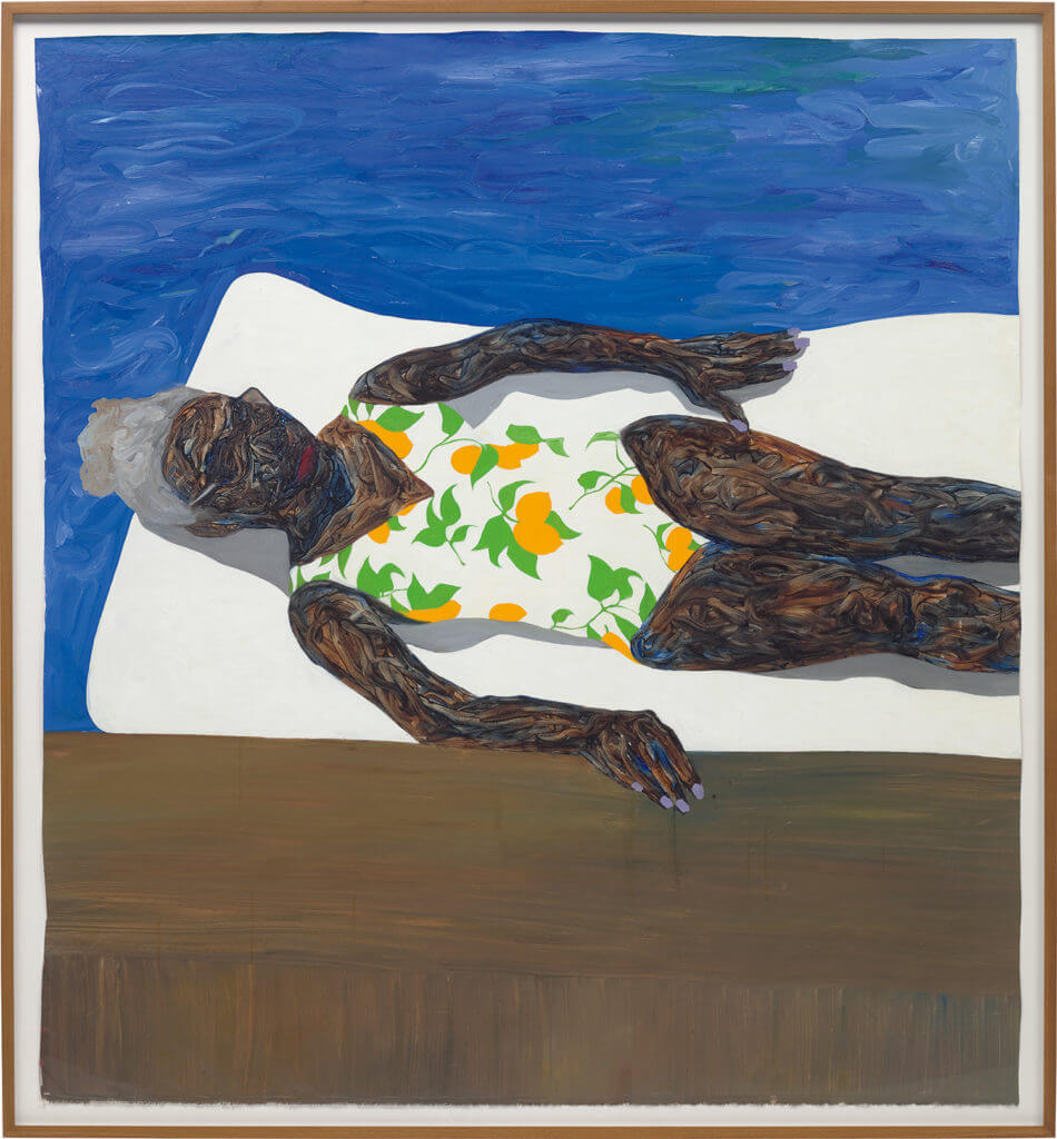 Amoako Boafo's The Lemon Bathing Suit (2019) sold for a stunning £675,000 ($881,432) against a £30,000 to £50,000 estimate ($39,130 to $65,217). Courtesy of Phillips contemporary art sale